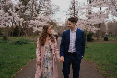 Engagement photography session at Herbert Park, Dublin, romantic couples portrait in the park