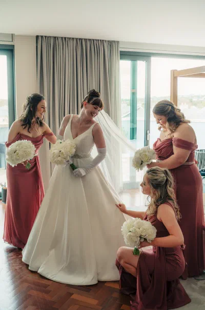Bride with bridesmaids getting ready, sea view, Seafield Hotel