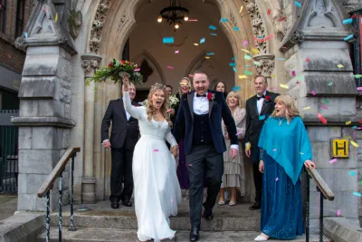 Couple confetti exit at the Unitarian Church Dublin